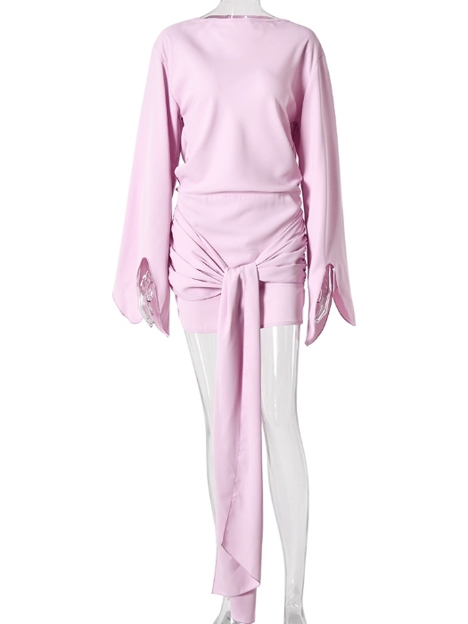 TWOTWINSTYLE Solid Bell Sleeve Waist Wrap Knot Elegant Dress