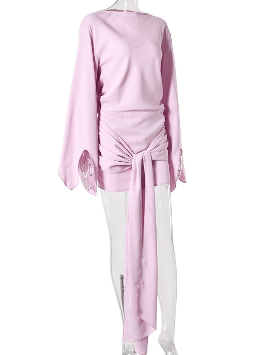 TWOTWINSTYLE Solid Bell Sleeve Waist Wrap Knot Elegant Dress