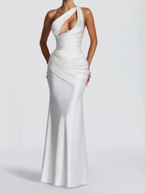 TWOTWINSTYLE Off One Shoulder Cutout Ruched Tunic Elegant Dress