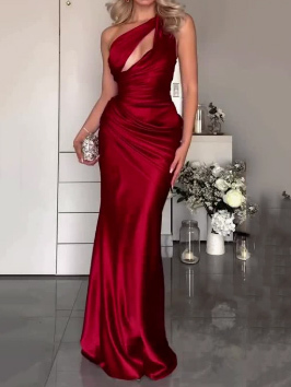 TWOTWINSTYLE Off One Shoulder Cutout Ruched Tunic Elegant Dress