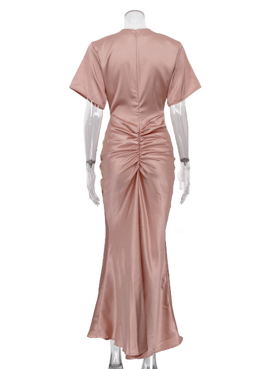 TWOTWINSTYLE Round Neck Short Sleeve Spliced Ruched Design Dress