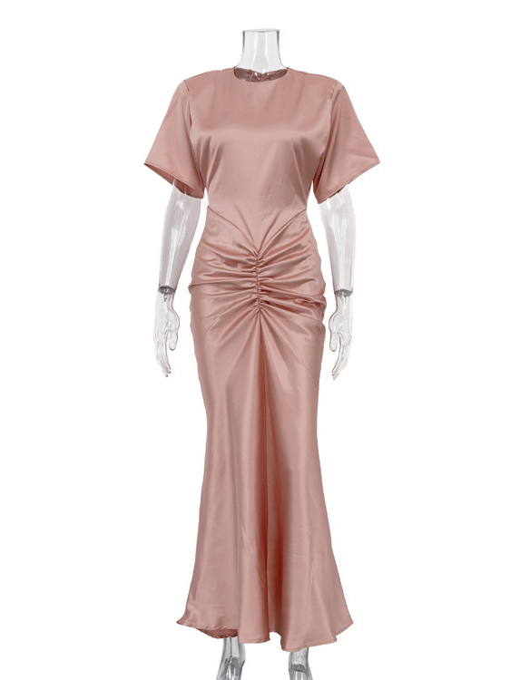 TWOTWINSTYLE Round Neck Short Sleeve Spliced Ruched Design Dress