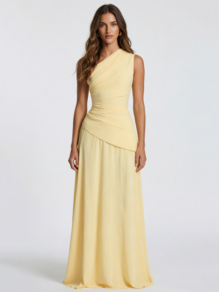 TWOTWINSTYLE Solid Off One Shoulder Pleated Elegant Dress