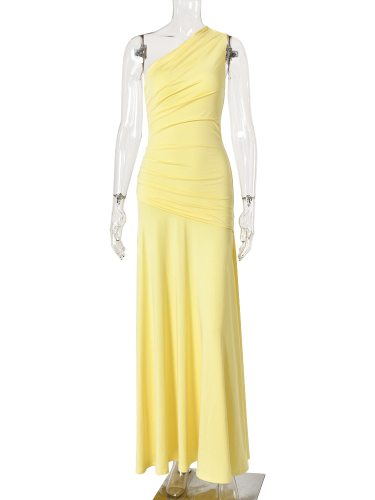 TWOTWINSTYLE Solid Off One Shoulder Pleated Elegant Dress