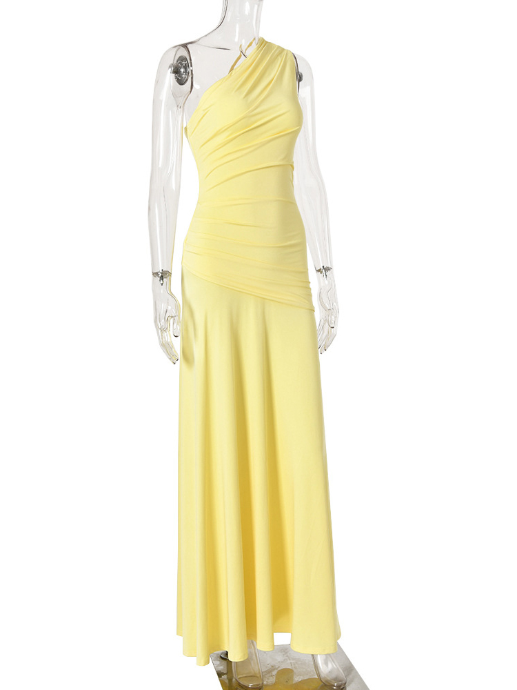 TWOTWINSTYLE Solid Off One Shoulder Pleated Elegant Dress