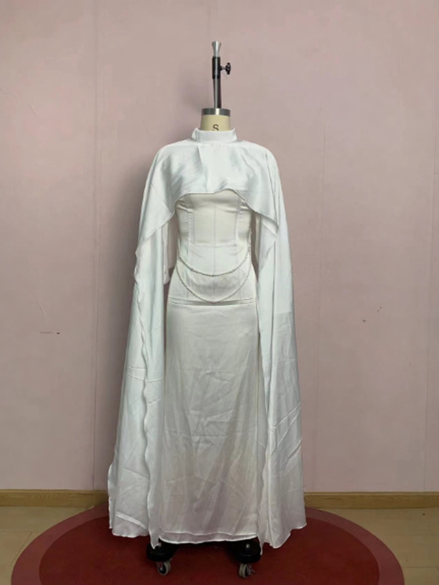 TWOTWINSTYLE Solid Stand Collar Cape Sleeve Desig Dress