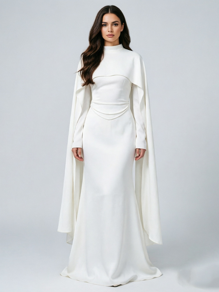 TWOTWINSTYLE Solid Stand Collar Cape Sleeve Desig Dress