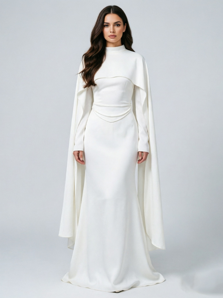 TWOTWINSTYLE Solid Stand Collar Cape Sleeve Desig Dress