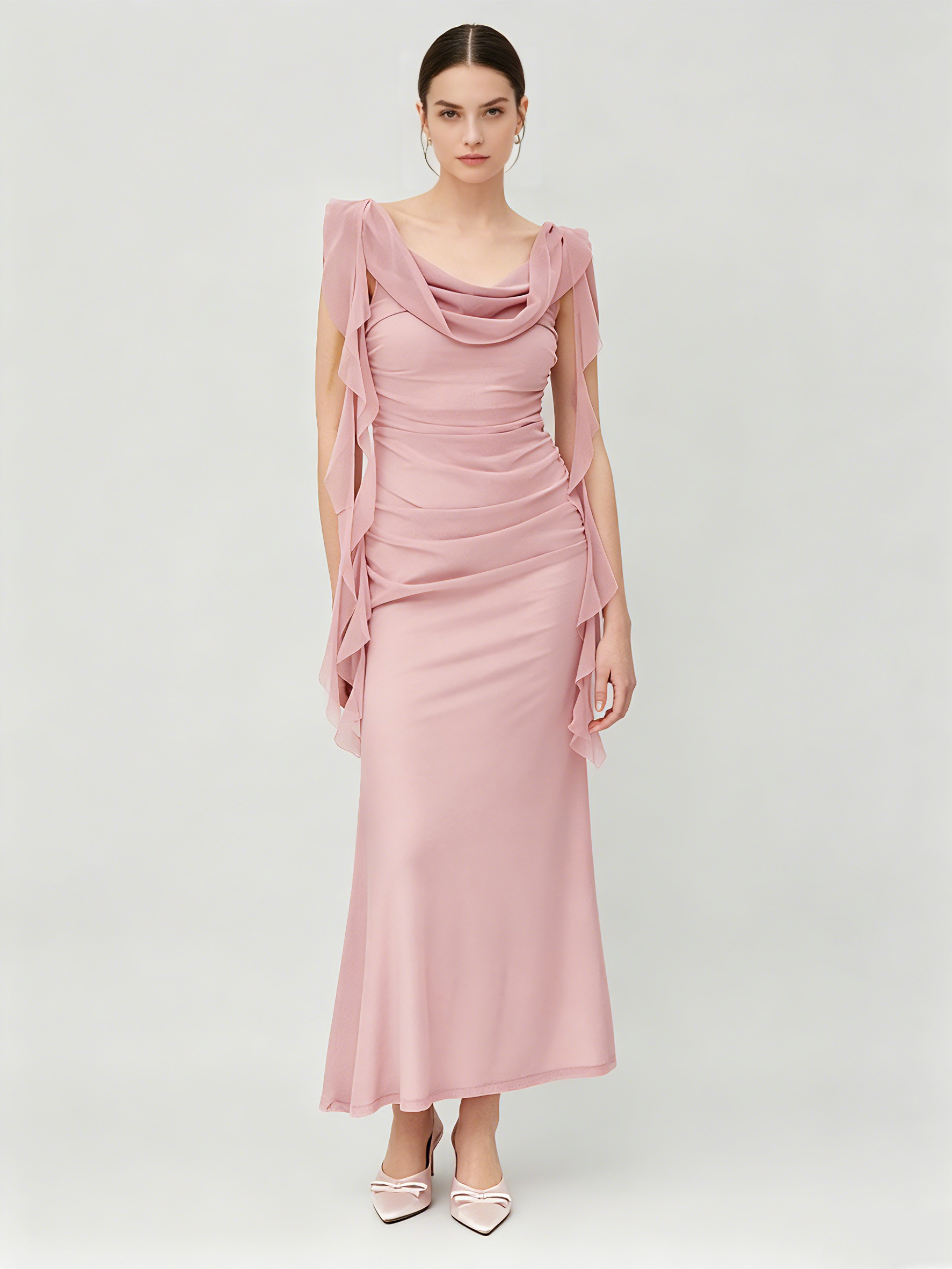 TWOTWINSTYLE Cowl Neck Spliced Ruffle Straps Elegant Dress
