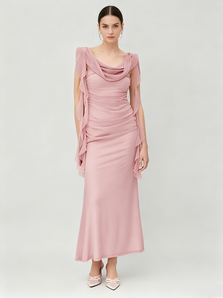 TWOTWINSTYLE Cowl Neck Spliced Ruffle Straps Elegant Dress
