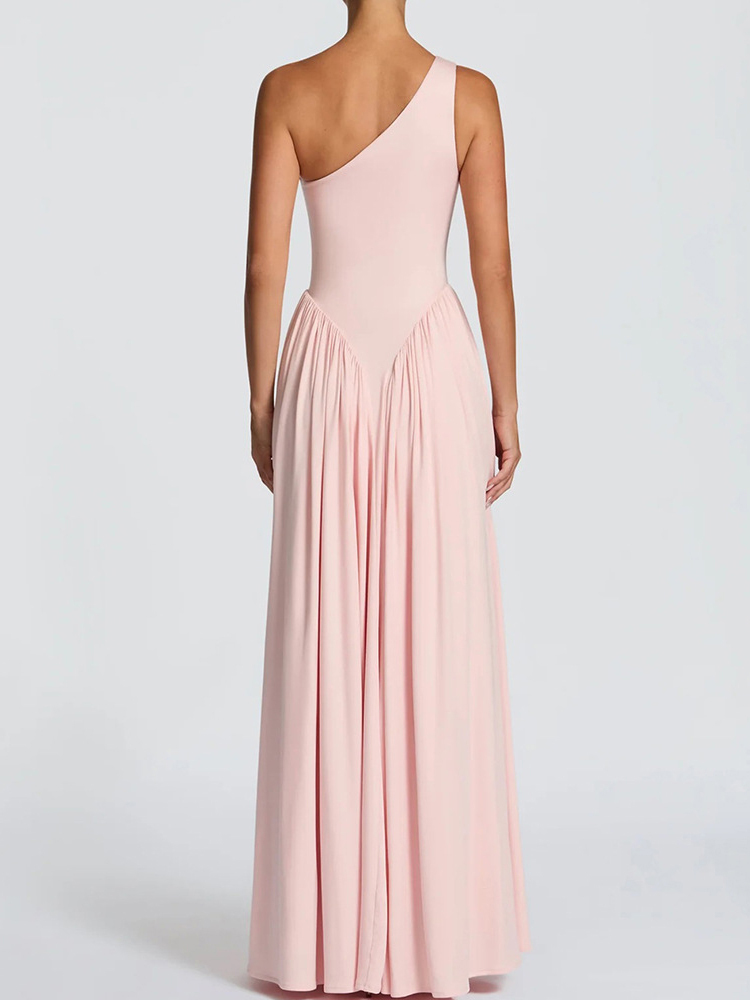 TWOTWINSTYLE Off One Shoulder Pleated Minimalist Maxi Dress