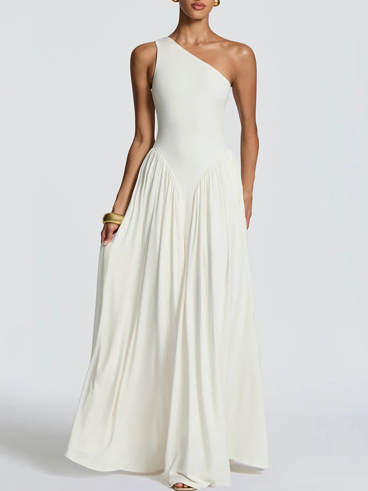 TWOTWINSTYLE Off One Shoulder Pleated Minimalist Maxi Dress
