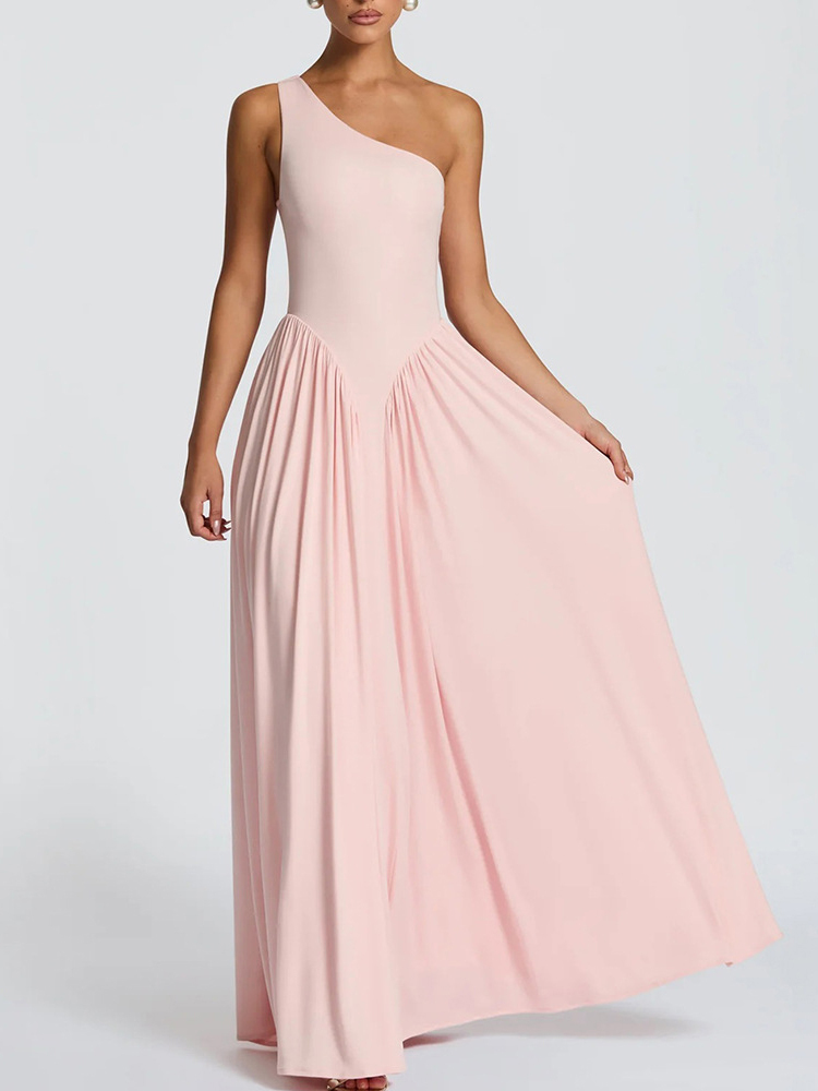 TWOTWINSTYLE Off One Shoulder Pleated Minimalist Maxi Dress