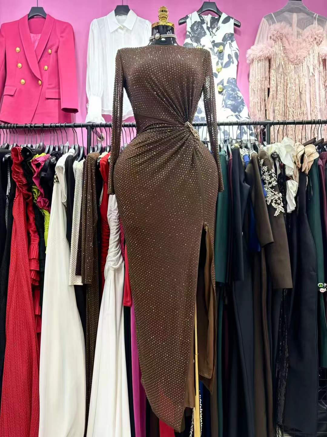 TWOTWINSTYLE Round Neck Patchwork Diamond Side Split Vintage Dress