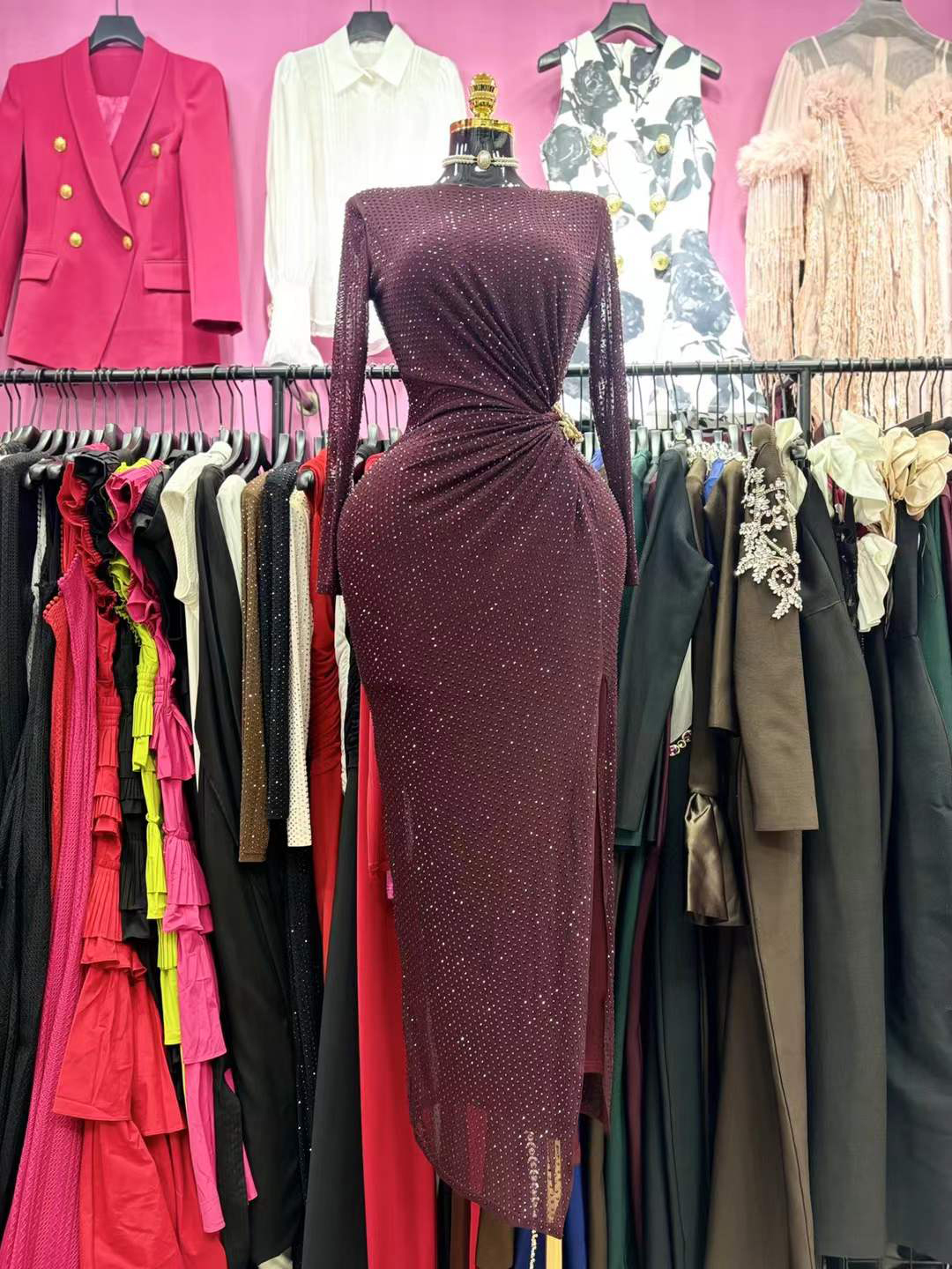 TWOTWINSTYLE Round Neck Patchwork Diamond Side Split Vintage Dress