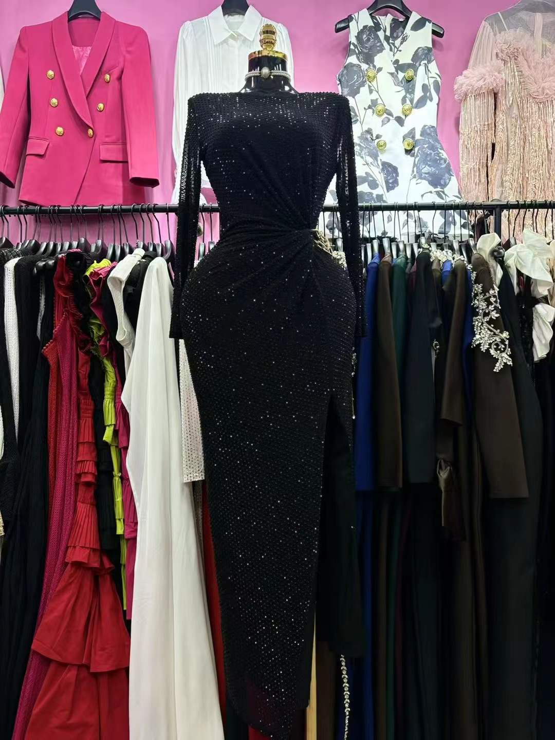 TWOTWINSTYLE Round Neck Patchwork Diamond Side Split Vintage Dress