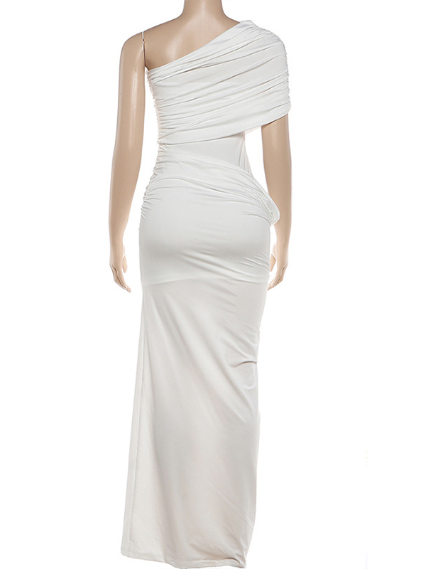 TWOTWINSTYLE Solid Asymmetrical Neck Elegant Maxi Dress