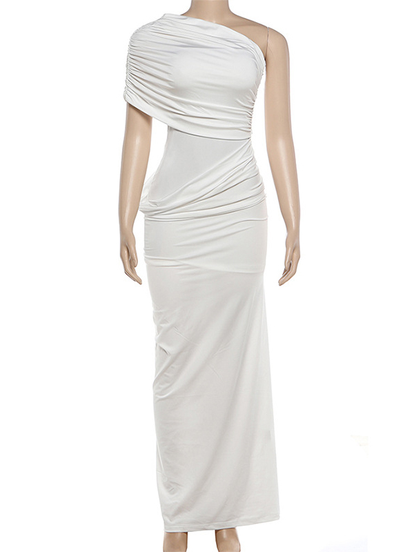 TWOTWINSTYLE Solid Asymmetrical Neck Elegant Maxi Dress
