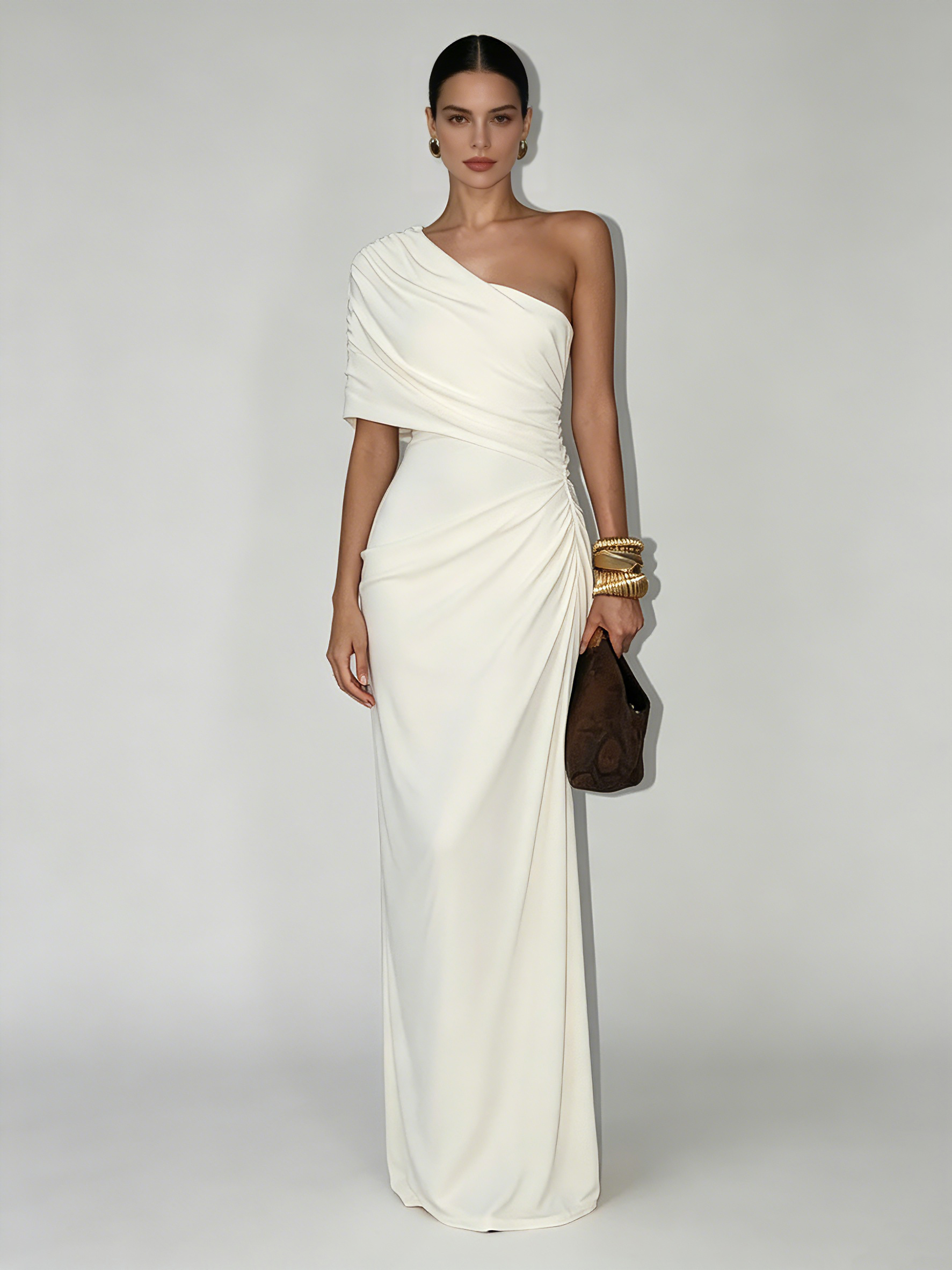 TWOTWINSTYLE Solid Asymmetrical Neck Elegant Maxi Dress