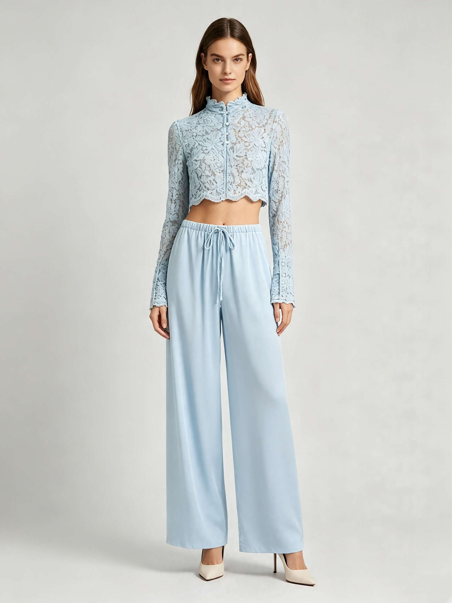 TWOTWINSTYLE Stand Collar Long Sleeve Crop Top Spliced Drawstring Wide Leg Pants Temperament Set