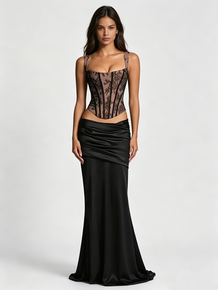 TWOTWINSTYLE Patchwork Lace Tunic Vest Pleated Skirt Sexy Set