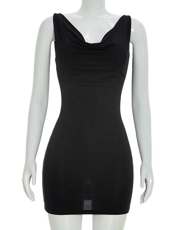 TWOTWINSTYLE Solid Draped Neckline Backless Tunic Sexy Dress