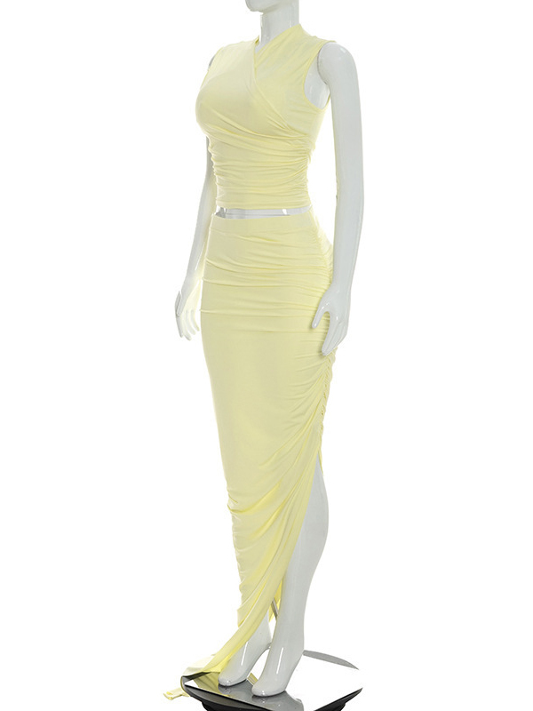 TWOTWINSTYLE Solid Sleeveless Crop Top Side Split Skirt Design Dress