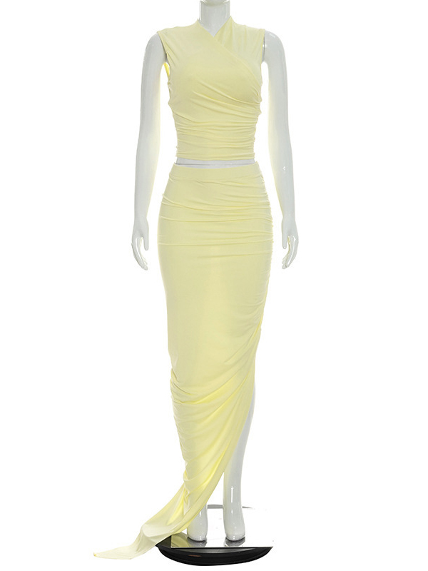TWOTWINSTYLE Solid Sleeveless Crop Top Side Split Skirt Design Dress