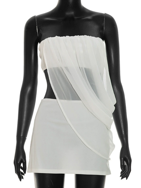 TWOTWINSTYLE Strapless Draped Front Vest Bodycon Skirt Chic Set