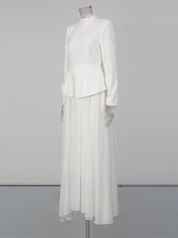 TWOTWINSTYLE Stand Collar Long Sleeve Tunic Pleated Elegant Dress
