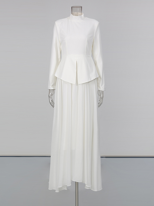 TWOTWINSTYLE Stand Collar Long Sleeve Tunic Pleated Elegant Dress