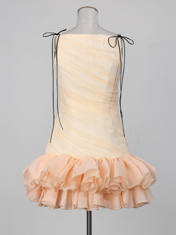 TWOTWINSTYLE Spliced Lace Up Off Shoulder Ruched Ruffled Hem Mini Dress