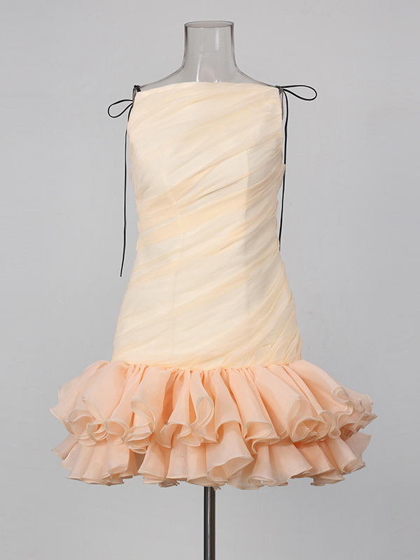 TWOTWINSTYLE Spliced Lace Up Off Shoulder Ruched Ruffled Hem Mini Dress