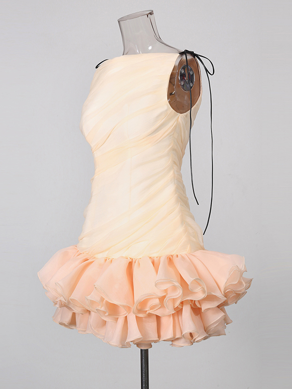 TWOTWINSTYLE Spliced Lace Up Off Shoulder Ruched Ruffled Hem Mini Dress