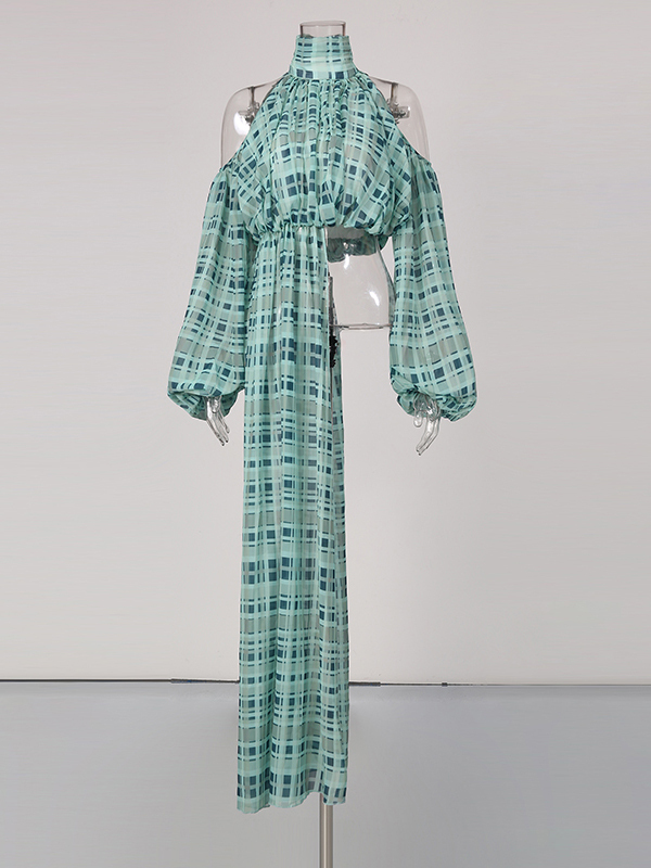 TWOTWINSTYLE Stand Collar Plaid Off Shoulder Irregular Hem Design Dress