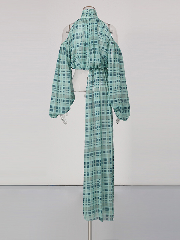 TWOTWINSTYLE Stand Collar Plaid Off Shoulder Irregular Hem Design Dress