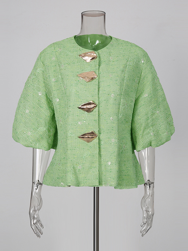 TWOTWINSTYLE Round Neck Puff Sleeve Spliced Metal Fashion Shirt