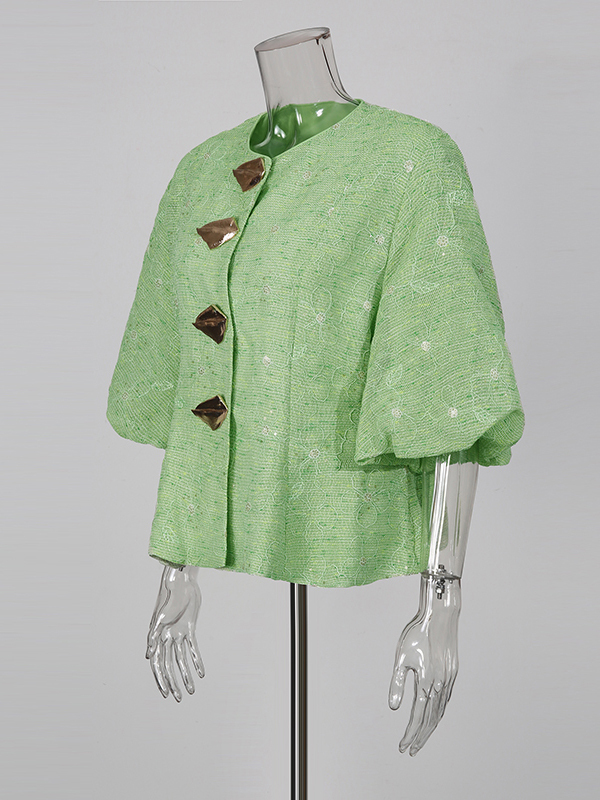 TWOTWINSTYLE Round Neck Puff Sleeve Spliced Metal Fashion Shirt
