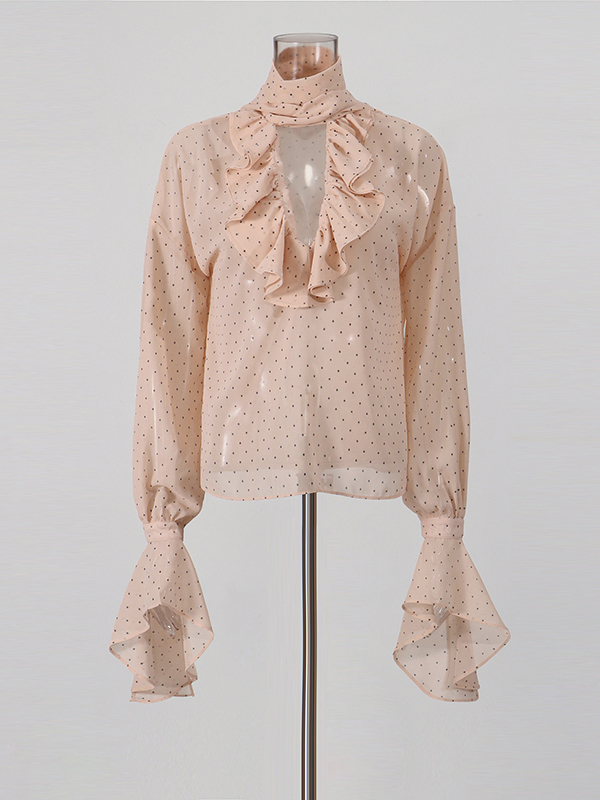 TWOTWINSTYLE V Neck Bell Sleeve Spliced Ruffles Wave Point Elegant Shirt