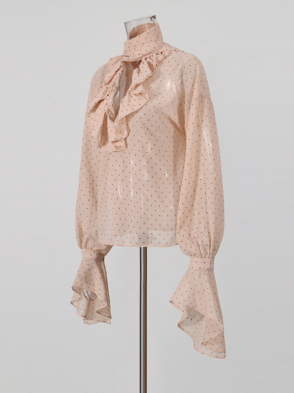 TWOTWINSTYLE V Neck Bell Sleeve Spliced Ruffles Wave Point Elegant Shirt