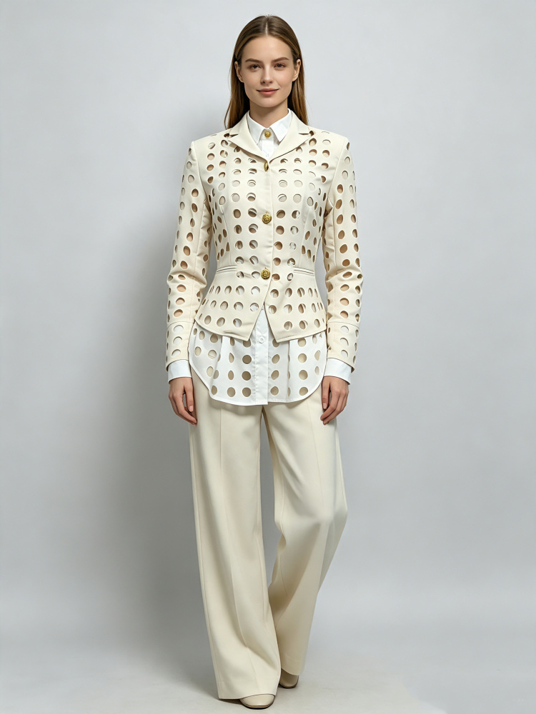 TWOTWINSTYLE Lapel Long Sleeve Fake Two Piece Circular Hollow Casual Jacket