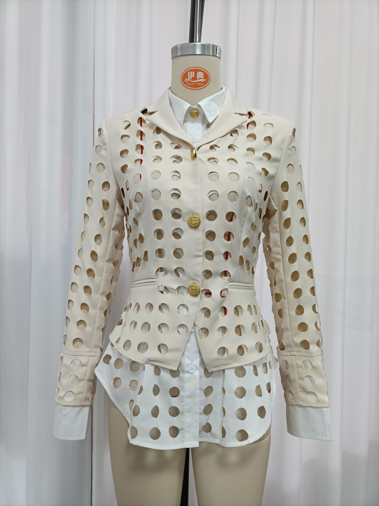 TWOTWINSTYLE Lapel Long Sleeve Fake Two Piece Circular Hollow Casual Jacket