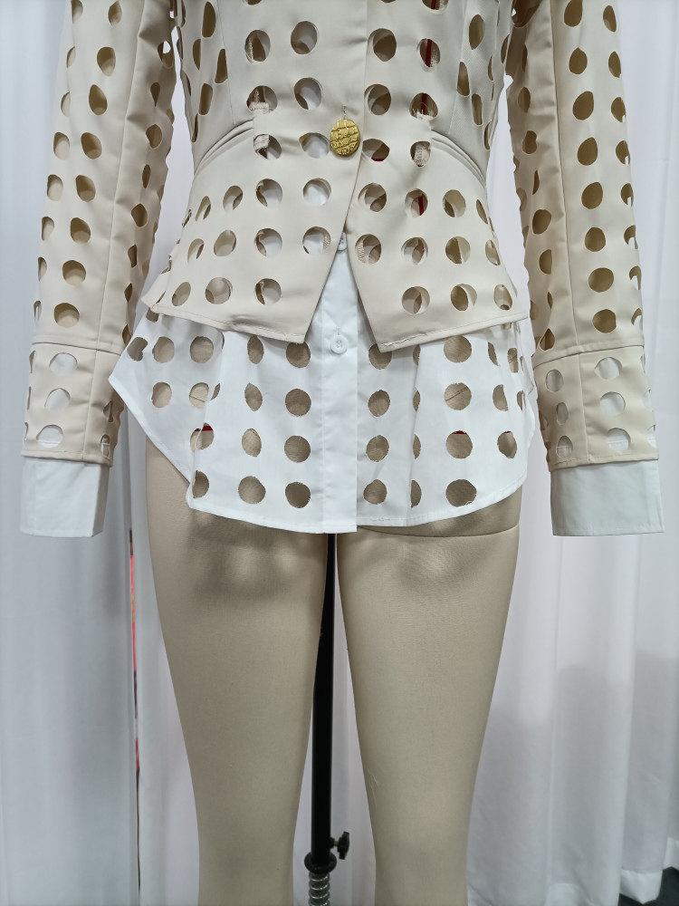 TWOTWINSTYLE Lapel Long Sleeve Fake Two Piece Circular Hollow Casual Jacket