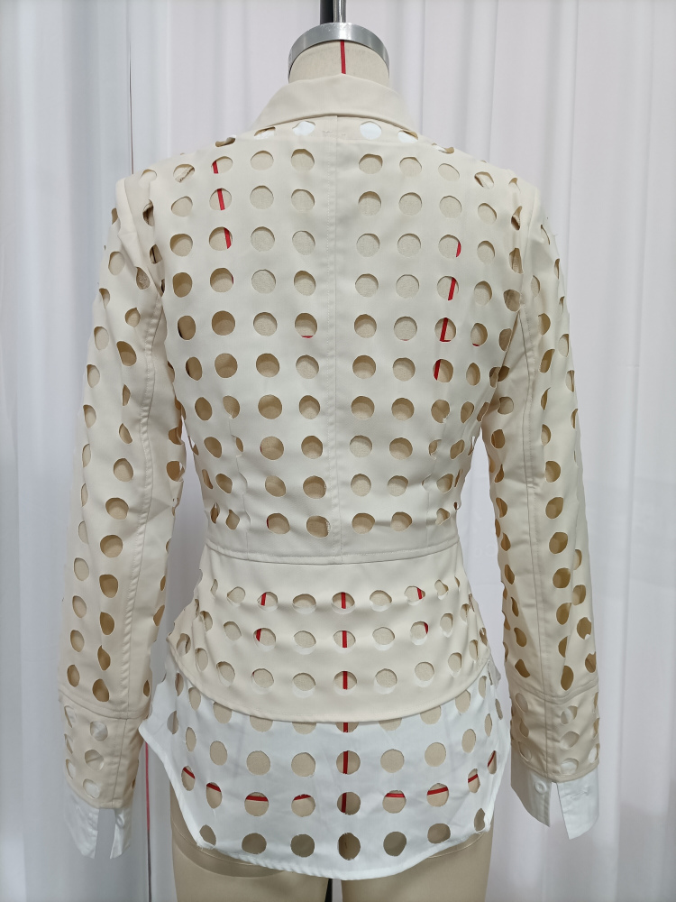 TWOTWINSTYLE Lapel Long Sleeve Fake Two Piece Circular Hollow Casual Jacket