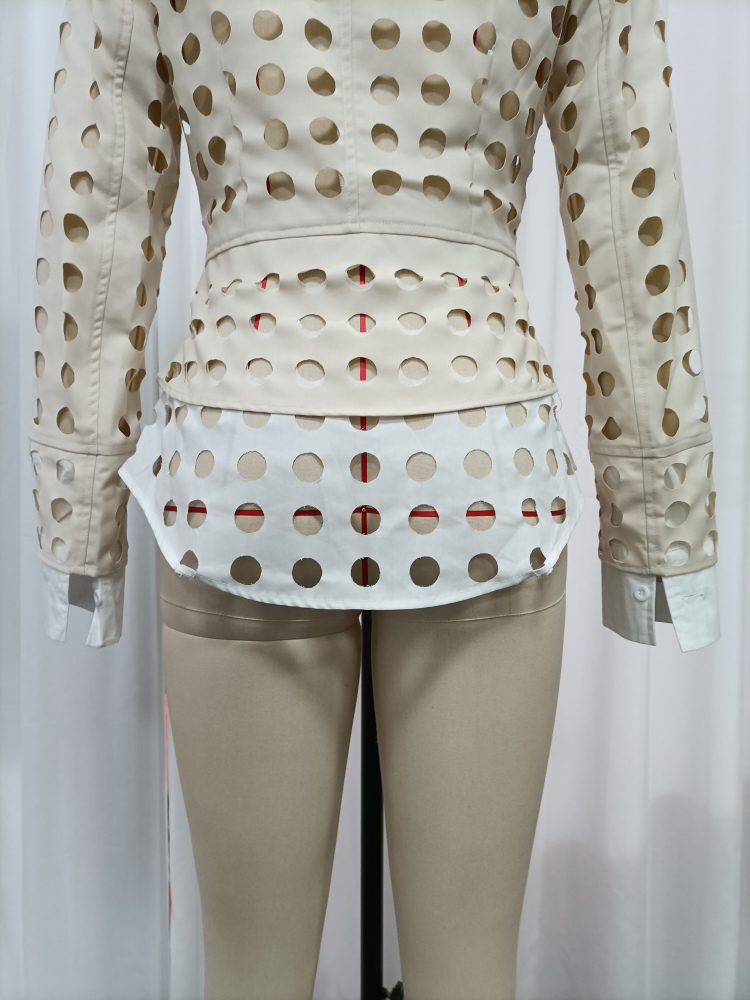 TWOTWINSTYLE Lapel Long Sleeve Fake Two Piece Circular Hollow Casual Jacket