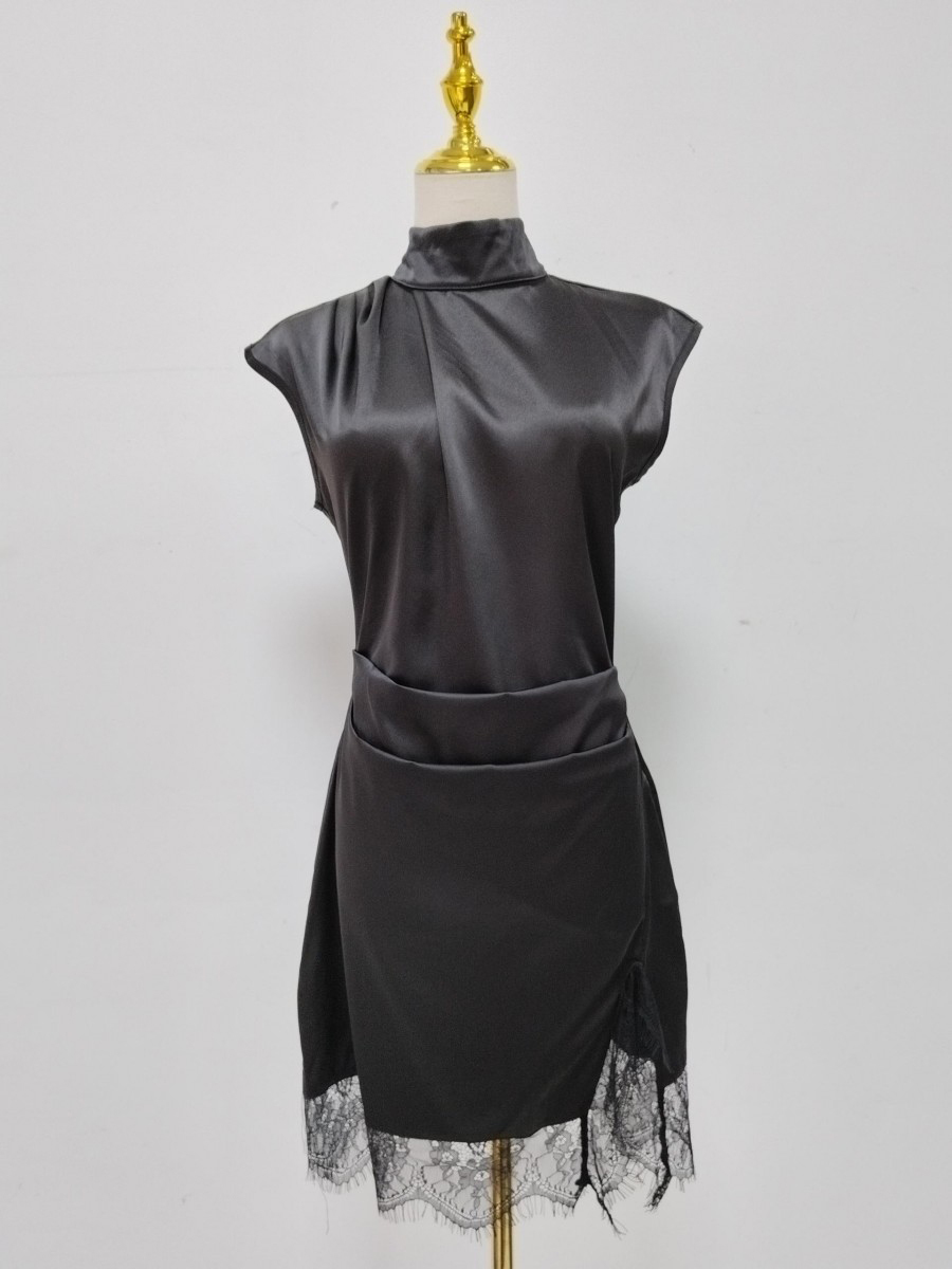 TWOTWINSTYLE Stand Collar Sleeveles Spliced Lace Chic Dress