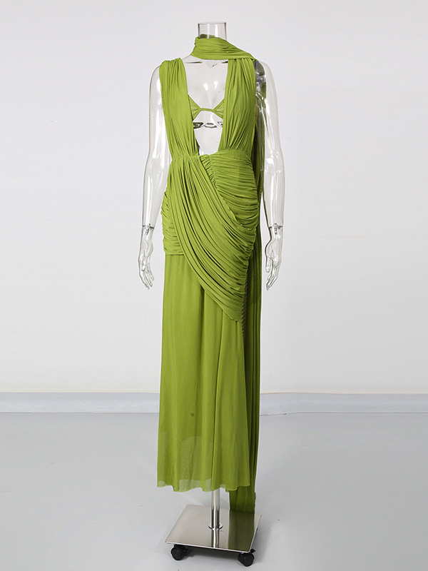 TWOTWINSTYLE Solid V Neck Sleeveles Spliced Mesh Sexy Dress