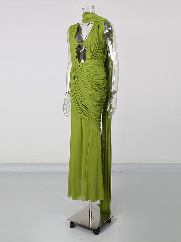 TWOTWINSTYLE Solid V Neck Sleeveles Spliced Mesh Sexy Dress