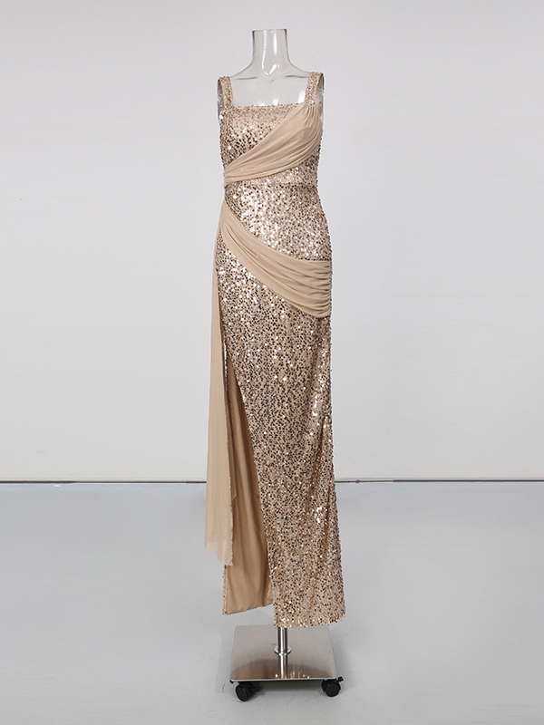 TWOTWINSTYLE Patchwork Sequins Mesh Side Split Chic Dress