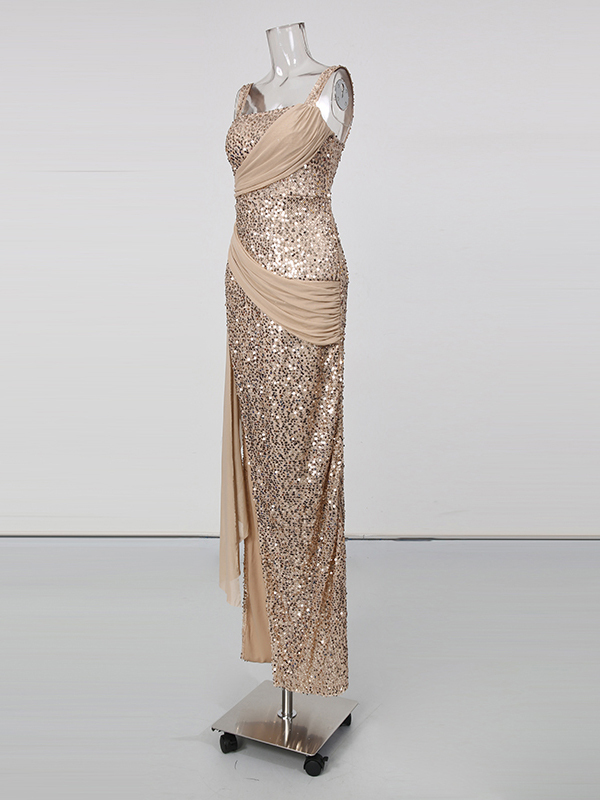 TWOTWINSTYLE Patchwork Sequins Mesh Side Split Chic Dress